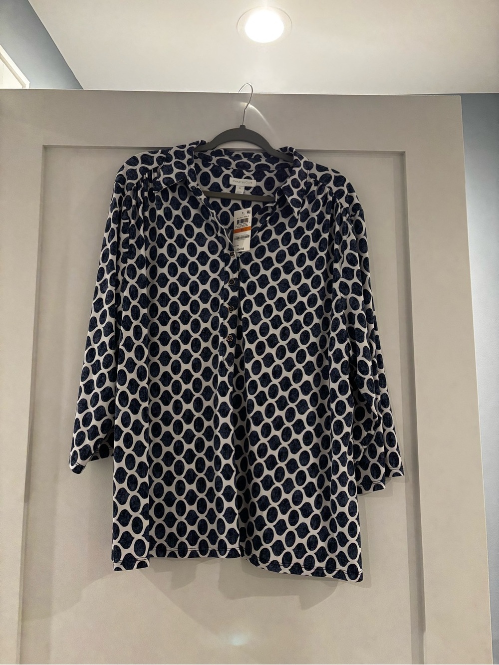Charter Club Navy and White Print Button-Down Blouse